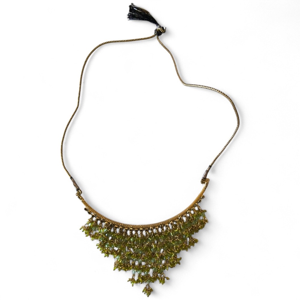 Green Beaded Bib Necklace Gold Tone Statement Necklace Boho Fringe Tassel - Picture 2 of 10